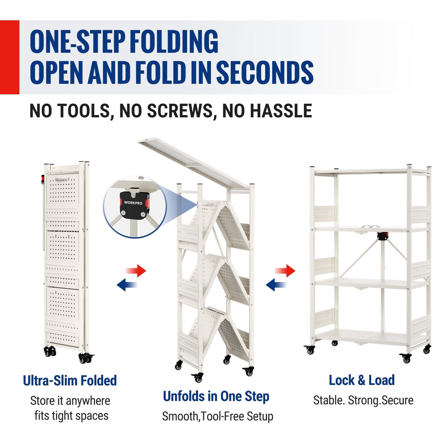 WORKPRO 4-Tier Folding Shelf, No-Assembly Metal Storage Rack with Wheels, 600 lbs Capacity (with