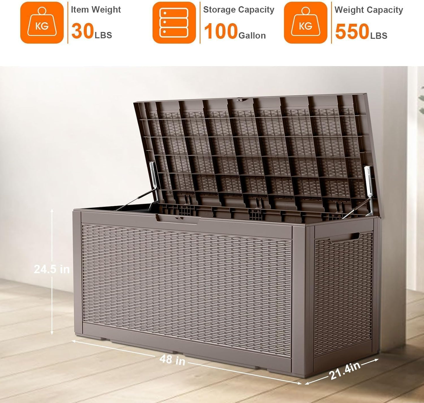 100 Gallon Outdoor Storage Box – Waterproof Deck Box for Garden & Patio,Light Brown