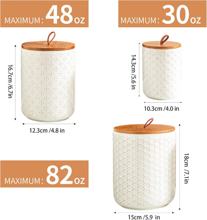 JOJUNO White Ceramic Canister Set with Wooden Lids – 3-Piece Airtight Food Storage Jars for Kitchen, Embossed Design, Small/Medium/Large Sizes (30/48/82 oz) – Flour, Sugar, Coffee, Tea Containers