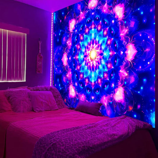 PSYHILAR Blacklight Mandala Tapestry for Bedroom, Psychedelic Black Light Posters for Adults and Teens, Colorful UV Reactive Aesthetic Bohemian Art Wall Hanging Decor (90 x 70 Inches)