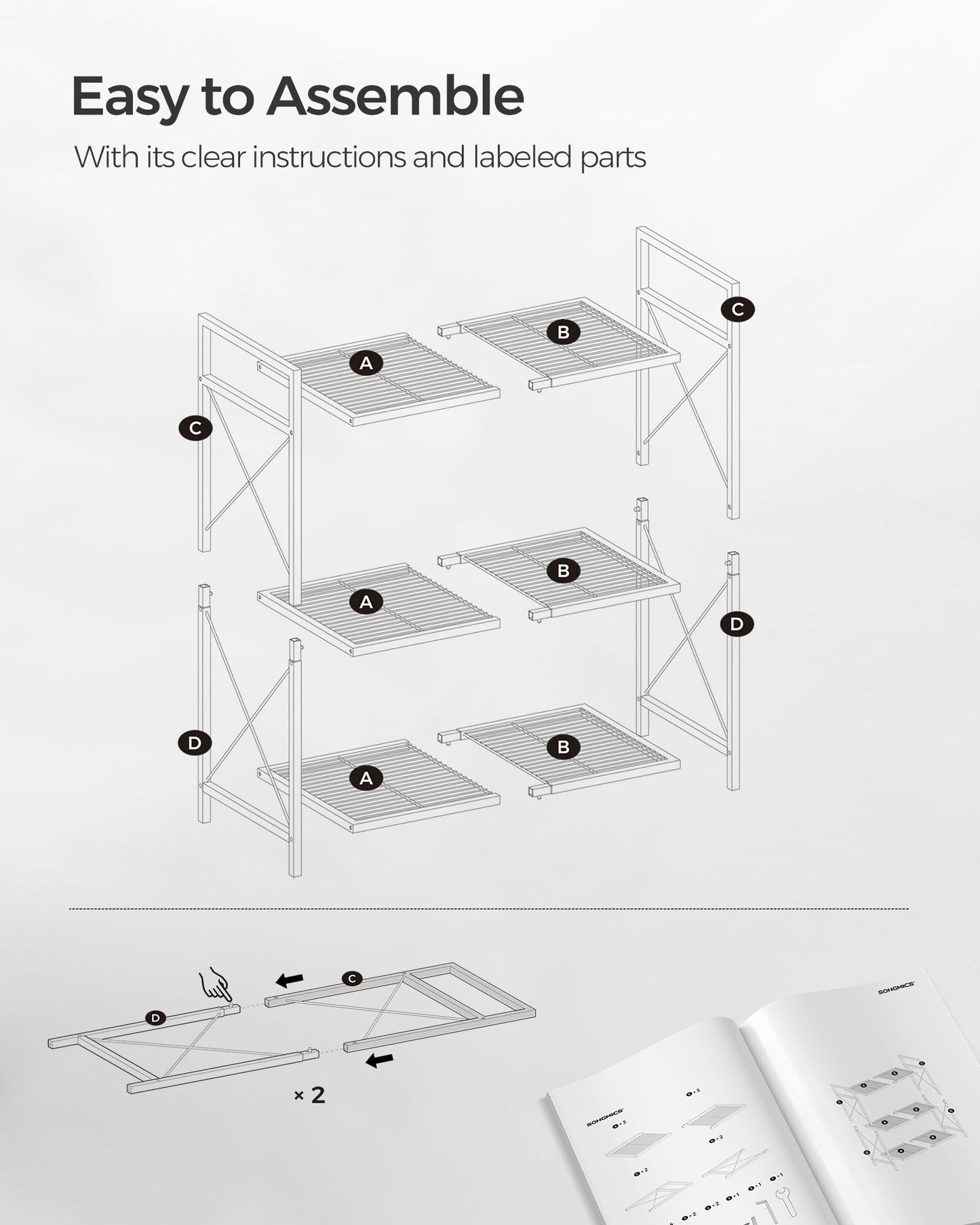 SONGMICS 3-Tier Metal Storage Rack with Wheels, Mesh Shelving Unit with X Side Frames, 31.5-Inch