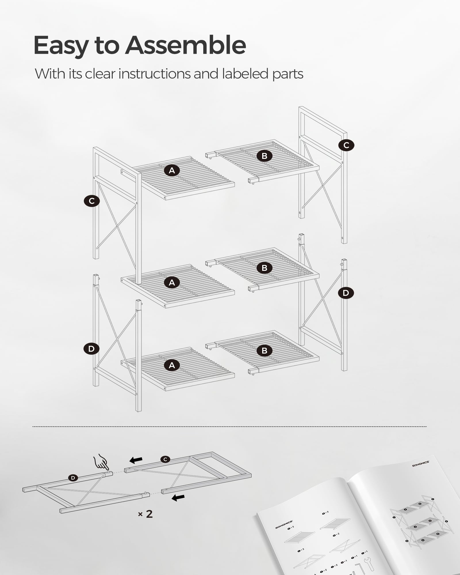 SONGMICS 3-Tier Metal Storage Rack with Wheels, Mesh Shelving Unit with X Side Frames, 31.5-Inch