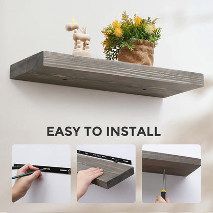 Fun Memories European Pine Floating Shelves for Wall, Mounted Shelf for Decor Storage Set of 2 - Natural Rustic Wooden Wall Shelf for Kitchen Bathroom Living Room Bedroom Farmhouse - Grey