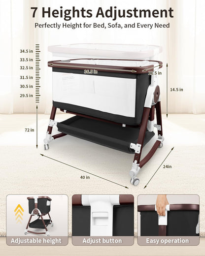 4 in 1 Baby Bassinet, Bassinets Bedside Sleeper with Wheels and Storage Basket, Adjustable 7 Heights Bedside Sleeper with Mosquito Net, Breathable Mesh Rocking Bassinet for Baby