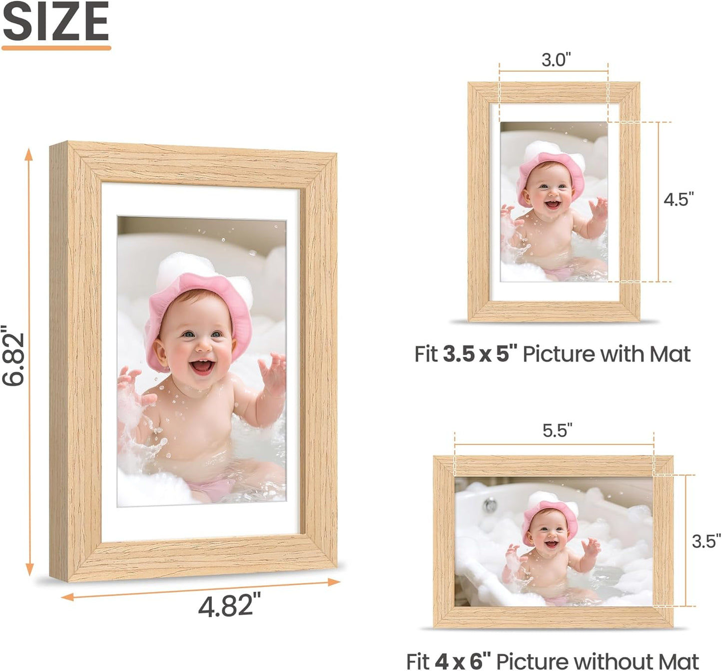 upsimples 4x6 Picture Frame, Natural Solid Wooden Picture Frames, Display 3.5x5 with Mat or 4 x 6 Without Mat, Wall or Tabletop, 1 Pack, Natural