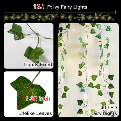 suddus Vine with Fairy Lights Battery Operated, 13.1ft 40 LED Ivy String Light with Remote, Leaf Lights for Bedroom, Room, Wall, Garden, Party, Wedding Decor (Warm White)