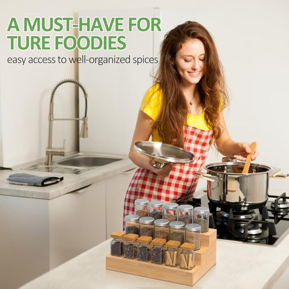 2 Pack Bamboo Spice Rack Organizer for Countertop, 3 Tier Spice Step Shelf for Cabinet (Jars Not Included)