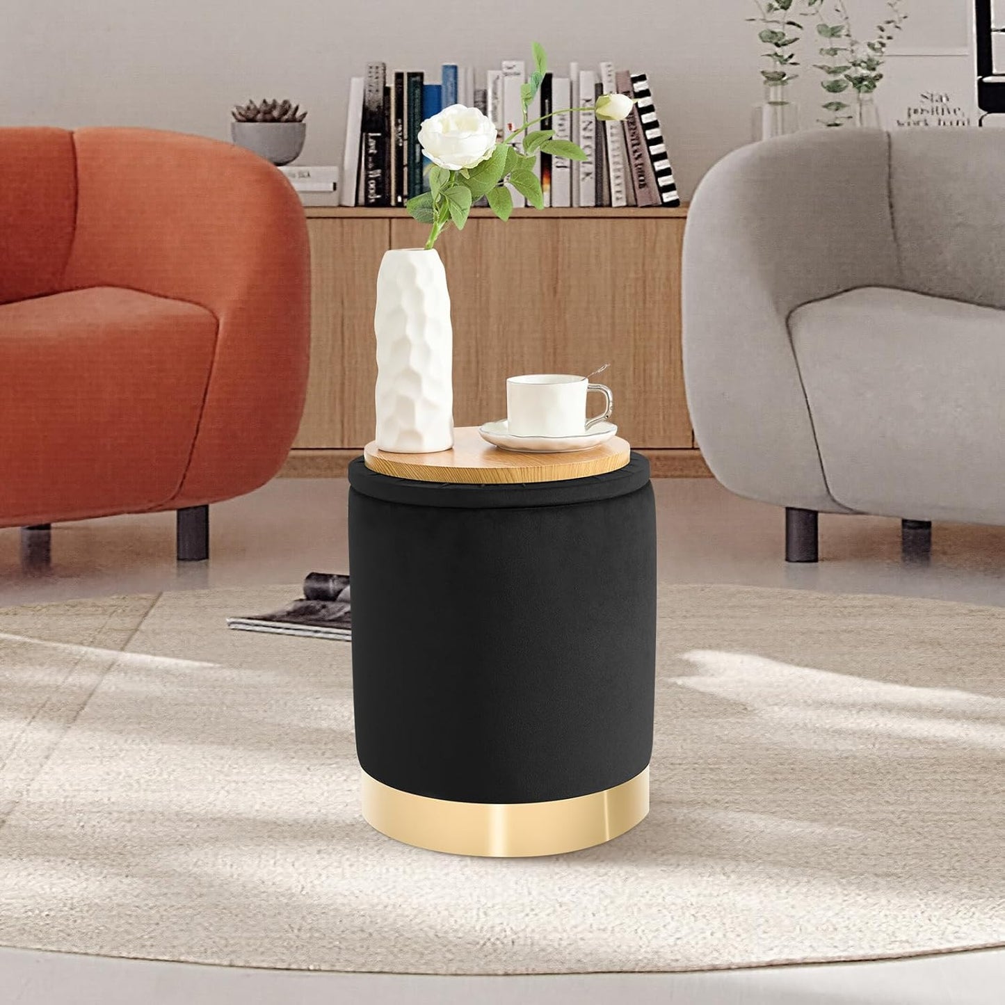 Round Ottoman with Storage Set of 2, Upholstered Velvet Storage Ottomans, Vanity Stool, Multifunctional Ottomans, Coffee Table Foot Rest Ottoman for Living Room Bedroom, Black