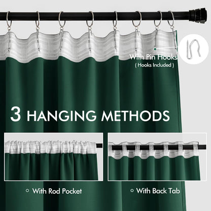 MIULEE Hunter Green Back Tab Blackout Curtain 96 Inch Long 2 Panels Set for Living Room Bedroom, Rod Pocket/Pinch Pleat Thermal Insulated Room Darkening Pleated Floor to Ceiling Drapes