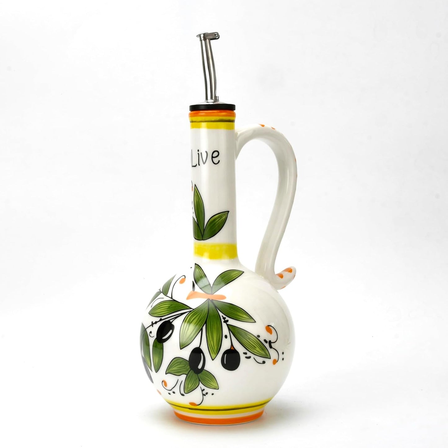 Hand-Painted Ceramic Olive Oil Dispenser Bottle – 15oz Decorative Stoneware Cruet with Stainless Steel Spout for Oil, Vinegar, Syrups, and Sauces