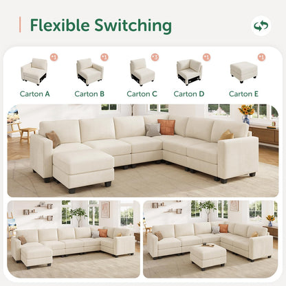 HONBAY Corduroy Sectional Sofa with Storage, U Shape Modular Sectional Sofa with Chaise, Modular Couches for Living Room, Beige