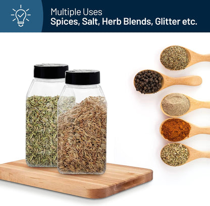 ROYALHOUSE 6 PACK 32 Oz with Black Cap, Plastic Spice Jars Bottles Containers, Perfect for Storing Spice, Herbs and Powders, Lined Cap, Safe Plastic, PET, BPA free, Made in the USA