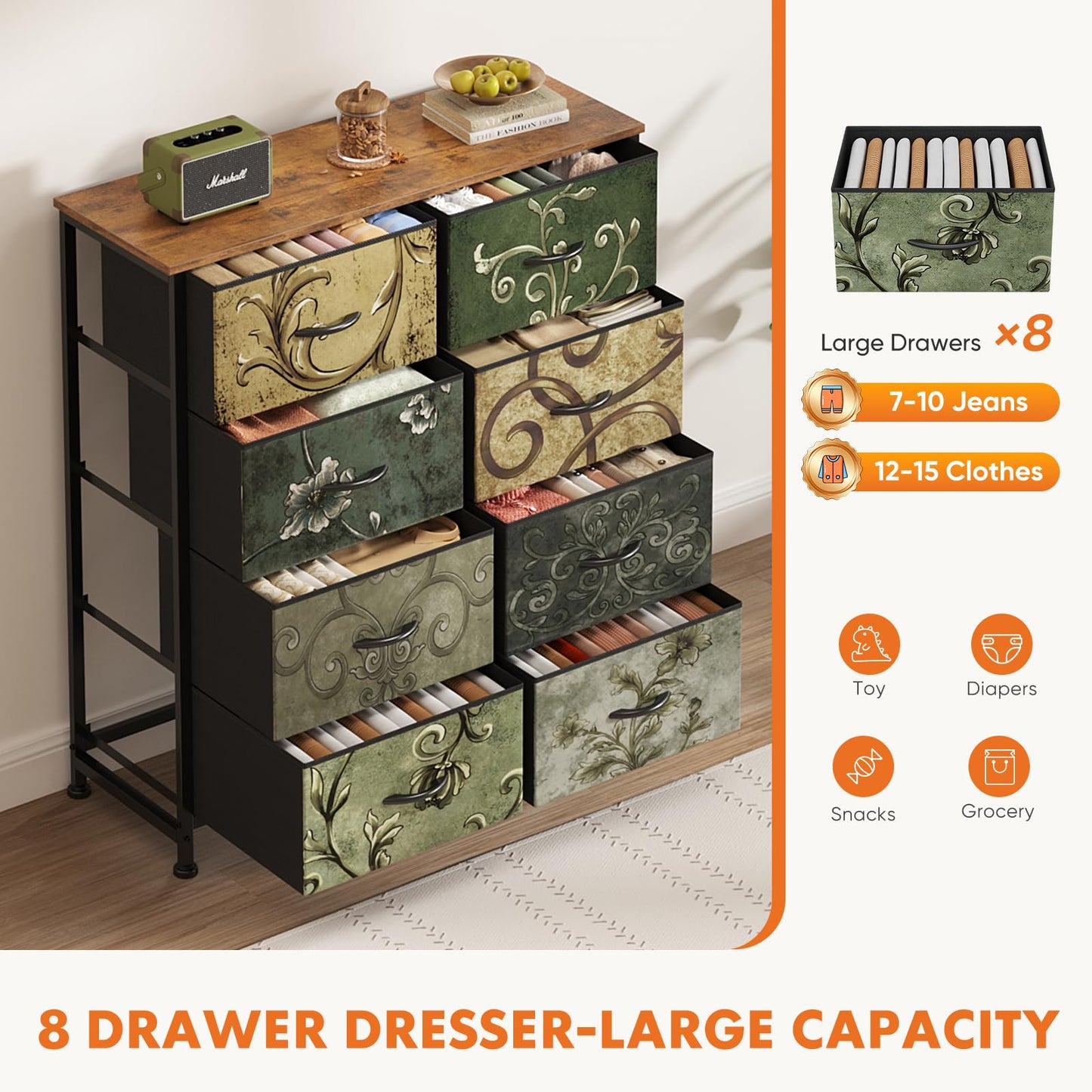 Sweetcrispy 8 Drawer Fabric Dresser, Tall Storage Tower for Bedroom