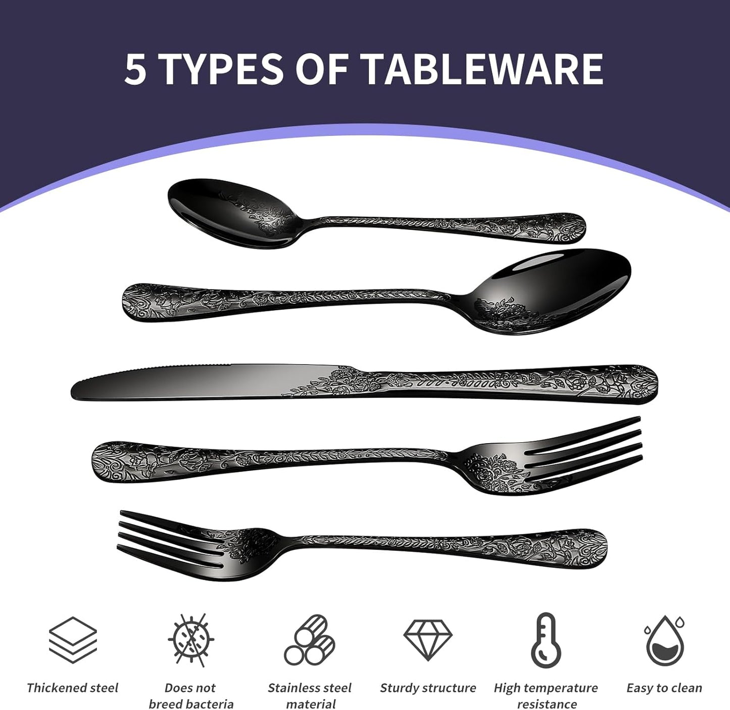 Floral 20 Pcs Black Silverware Set for 4, Food Grade Stainless Steel Flatware Set with Rose Flower Embossed Design, Eating Utensils Sets Include Fork/Knife/Spoon, Reusable Cutlery Set, Dishwasher Safe
