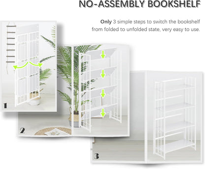 4NM No Assembly 4 Tiers Folding Bookshelf, 47.2" H Foldable Storage Shelves Vintage Bookcase Standing Racks Study Organizer Home Office - All White