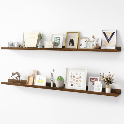 Picture Ledge Shelf, Wood Long Floating Shelves for Wall, Set of 2, 56 inch Picture Ledge Shelves, Photo Ledge Nursery Book Shelves Wall Mounted for Living Room Kids' Room Bedroom, Color Walnut