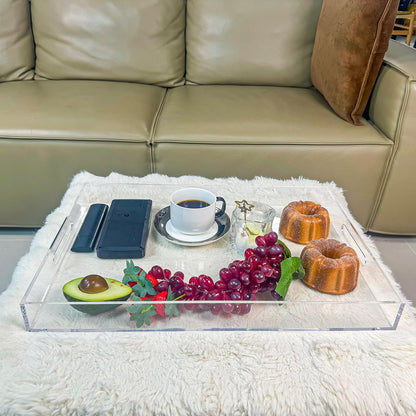 Clear Rectangular 14x20 Inches Acrylic Ottoman Tray Decorative Serving Tray with Cutout Handles Organizer Tray on Coffee Table Countertop Big Breakfast Bed Tray Living Room Appetizer Serving Food