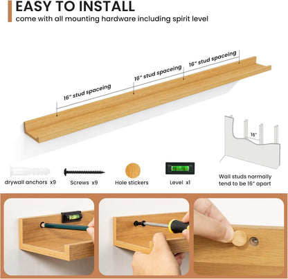 Fun Memories Picture Ledge Shelves Set of 2, 55 Inch Rustic Wall Mounted Floating Shelves with Lip for Home Storage and Décor in Bathroom, Kitchen, Nursery, Bedroom, Living Room, Oak