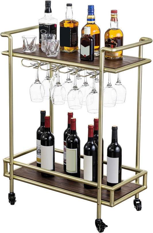 MyGift 2 Tier Rolling Bar Cart, Vintage Brass Tone Metal Cocktail and Wine Trolley with Burnt Wood Shelf Trays, Wine Glass Stemware Holder Rack and Lockable Wheels
