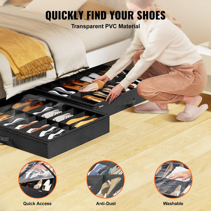 VEVOR Under Bed Shoe Storage Organizer, Set of 2, Total 32 Compartments, Underbed Shoes Closet