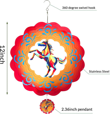 12 inch Horse 3D Stainless Steel Wind Spinners, Hanging Garden Spinner Kinetic Art Garden Decorations, Reflective Wind Sculpture for Indoor/Outdoor Decor
