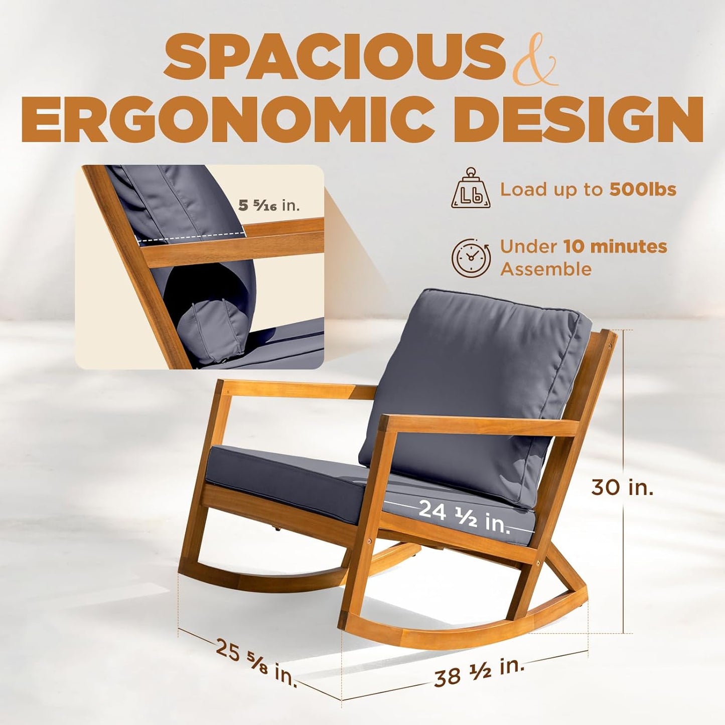 IDZO Club Rocking Chair 500lbs Capacity with Inclined Backrest, Thick Foam Cushion, Solid Acacia Wood Rocker for Patio, Backyard, Balcony, Porch, Grey