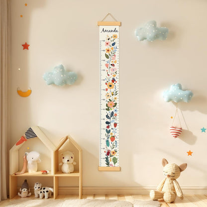 Personalized Name Growth Chart Wall Decor for Kids – Canvas Removable Height Chart Measuring Ruler 59" x 7.9" (Flowers)