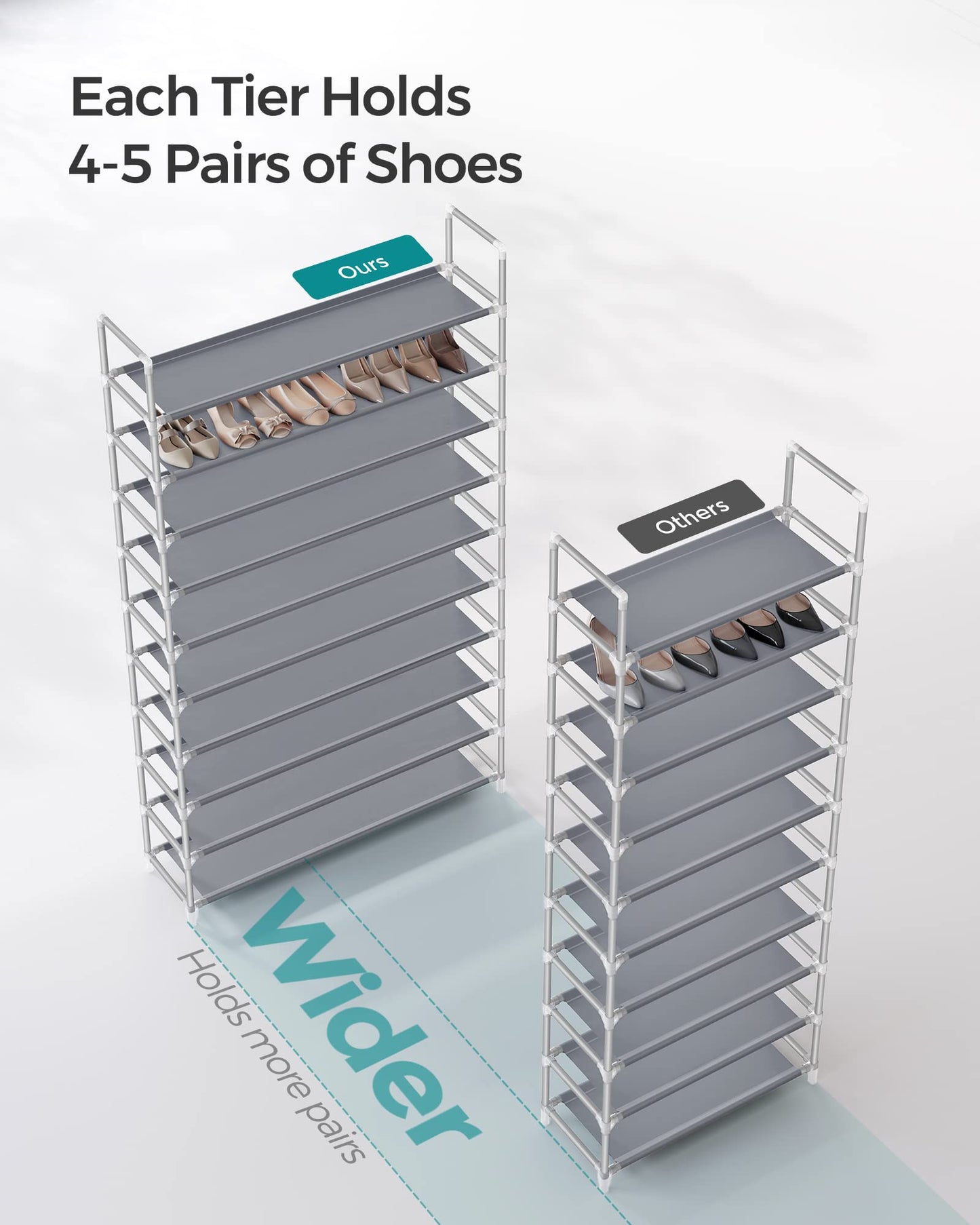 SONGMICS Shoe Rack, 10-Tier Shoe Shelf, Shoe Storage Organizer, 11 x 37 x 68.9 Inches, Metal Frame