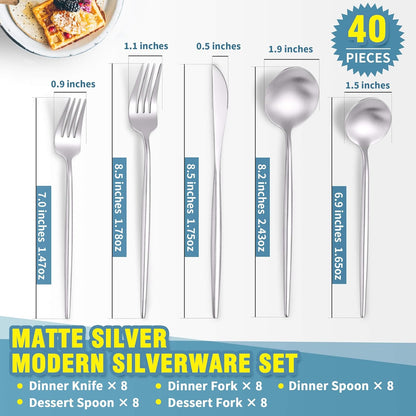 Matte Silverware Set for 8,Modern Stainless Steel Brushed Cutlery Set,40-Pieces Heavy Duty Flatware Set,Knives Spoons and Forks Set Utensils Set, Satin Finish, Dishwasher Safe