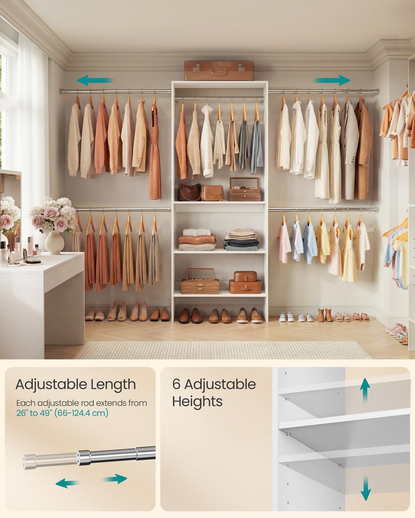 SONGMICS Closet System, Customizable Walk-In Closet Organizer System with Adjustable Hanging Rods