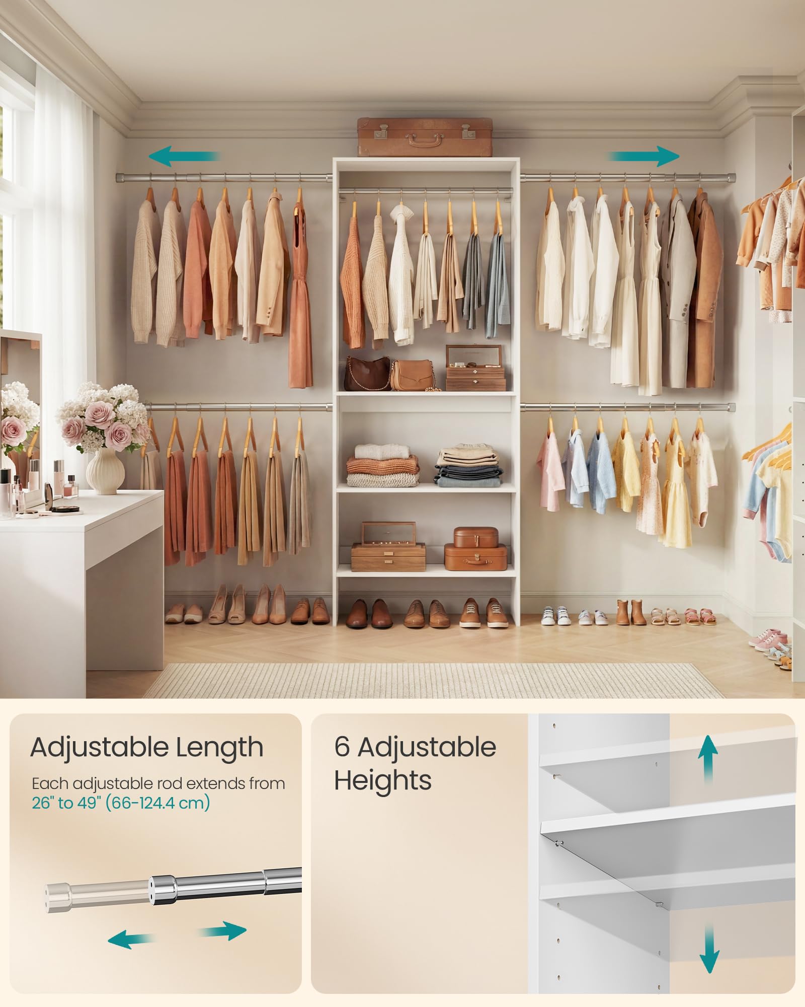 SONGMICS Closet System, Customizable Walk-In Closet Organizer System with Adjustable Hanging Rods