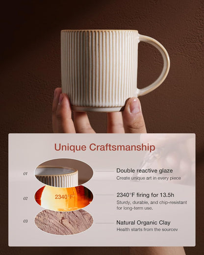 famiware Coffee Mug Set for 6, Star 12 oz Catering Mugs Cup Set with Handle for Coffee, Tea, Cocoa, Milk - Ceramic Stoneware Drinkware Set, Cappuccino White