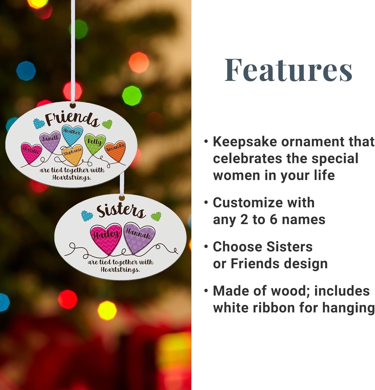 Let’s Make Memories Personalized Christmas Ornament - for Sisters - 2024 Christmas Ornament - Pastel Holiday Décor - Wood - Oval - Heartstrings - 2–6 Names