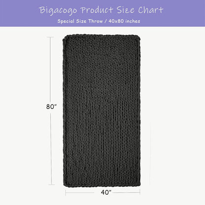 Bigacogo Chunky Knit Throw Blanket for Couch, 40x80 inches, 100% Hand Knitted with Thick Jumbo Chenille Yarn, Cozy Soft Large Rope Knot Cable Crochet Blankets for Sofa Bed Living Room, Dark Grey
