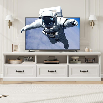 IDEALHOUSE 70in TV Stand for TVs up to 80", Mid Century Modern Entertainment Center with Storage Drawer and Open Shelves, TV Console Media Cabinet for Living Room, Bedroom, Antique White