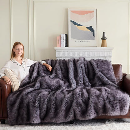 Fluffy Faux Fur Throw Blanket – Super Soft Warm Thick Plush Blanket for Bed, Couch & Office, Cozy Fuzzy Throw with Flannel Backing,90"x90", Grey