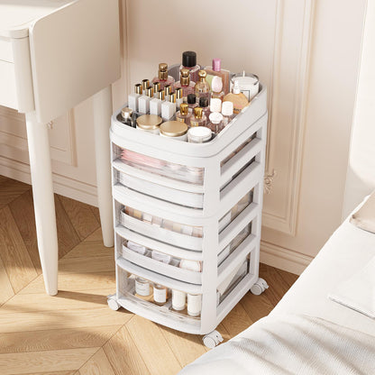 Rolling Cart with 5 Drawers, Clear Plastic Drawer Organizers, Vanity Cart