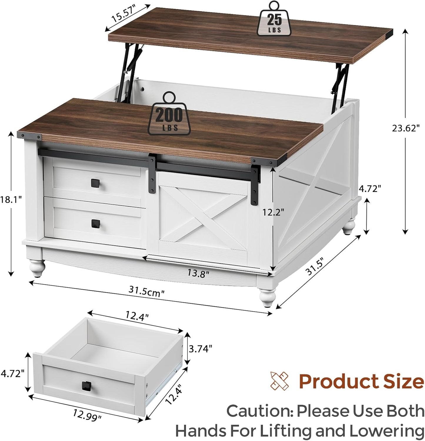 31.5" Lift Top Coffee Table with Storage, Farmhouse Coffee Tables for Living Room, Square Coffee Table with Large Hidden Storage Compartment, 2 Drawers & Removable Shelves, White