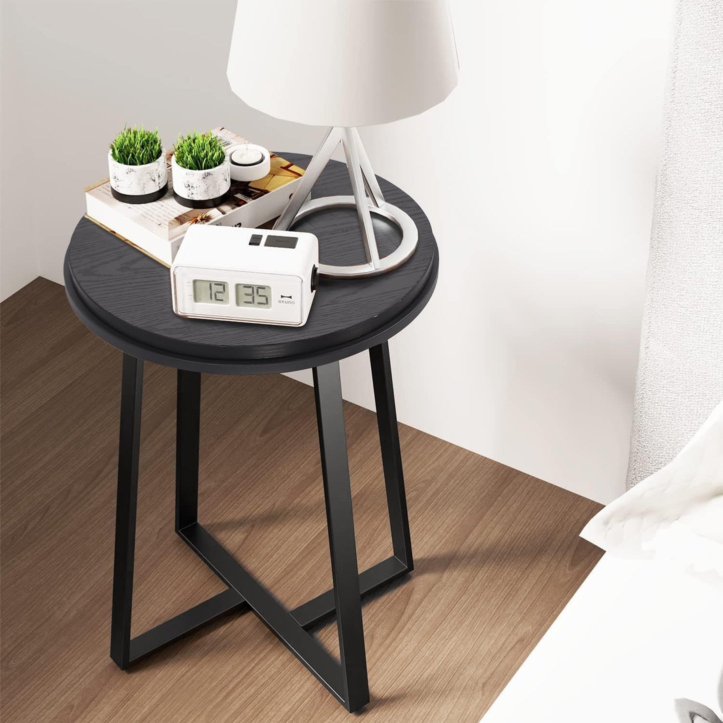 Round End Table, Small Side Table Black Color MDF Top, Metal Frame Black, Tall End Side Table for Bed Room, Coffee Tea End Table for Living Room(Round Black)