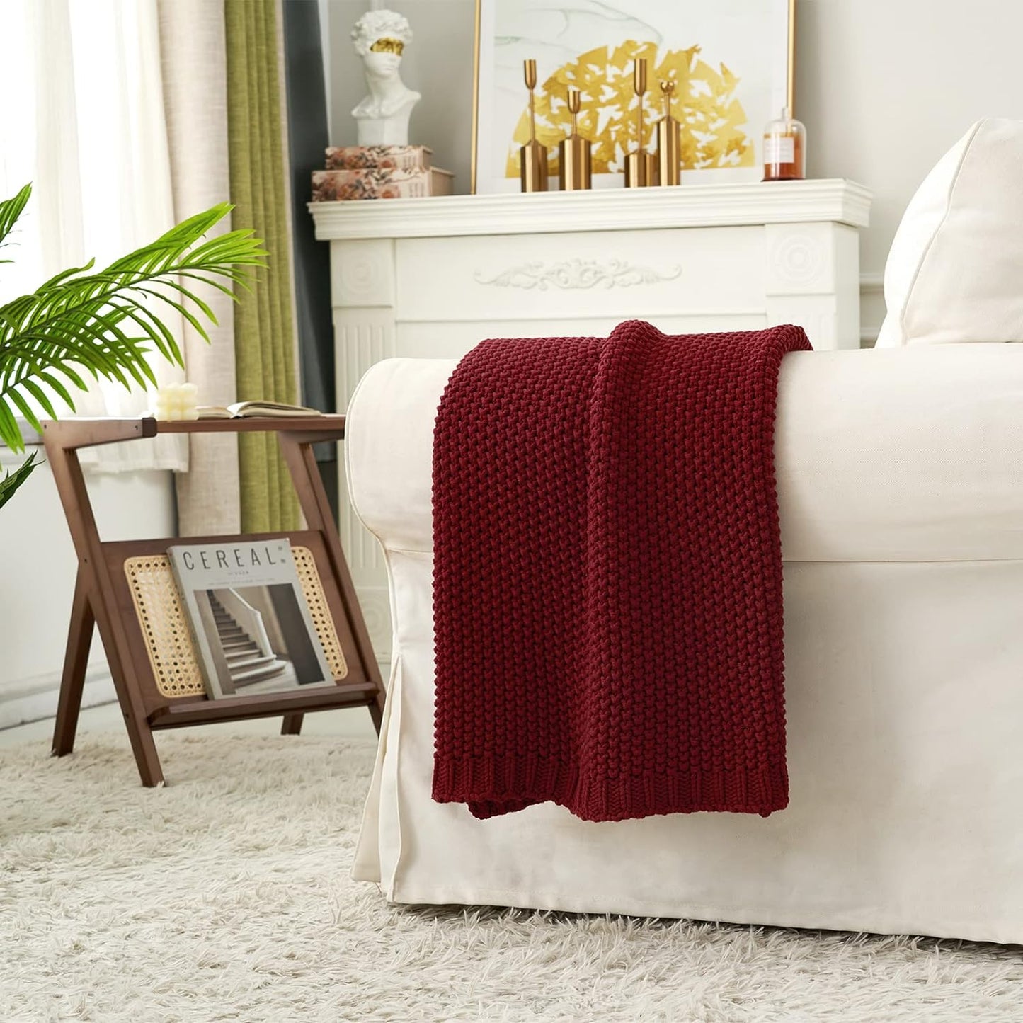 Chunky Cable Knit Throw Blanket Lightweight Wine red 100% Organic Cotton Blanket for Sofa Couch Bed Baby Nursery, Rustic Shabby Chic Modern Farmhouse, 60” x 80” Give Laundering Bag