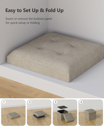 15 Inches Small Folding Storage Ottoman Cube, Storage Footrest, Foot Rest Stool, for Living Room, Bedroom, Dorm, Hallway, Entryway, Sandy Beige