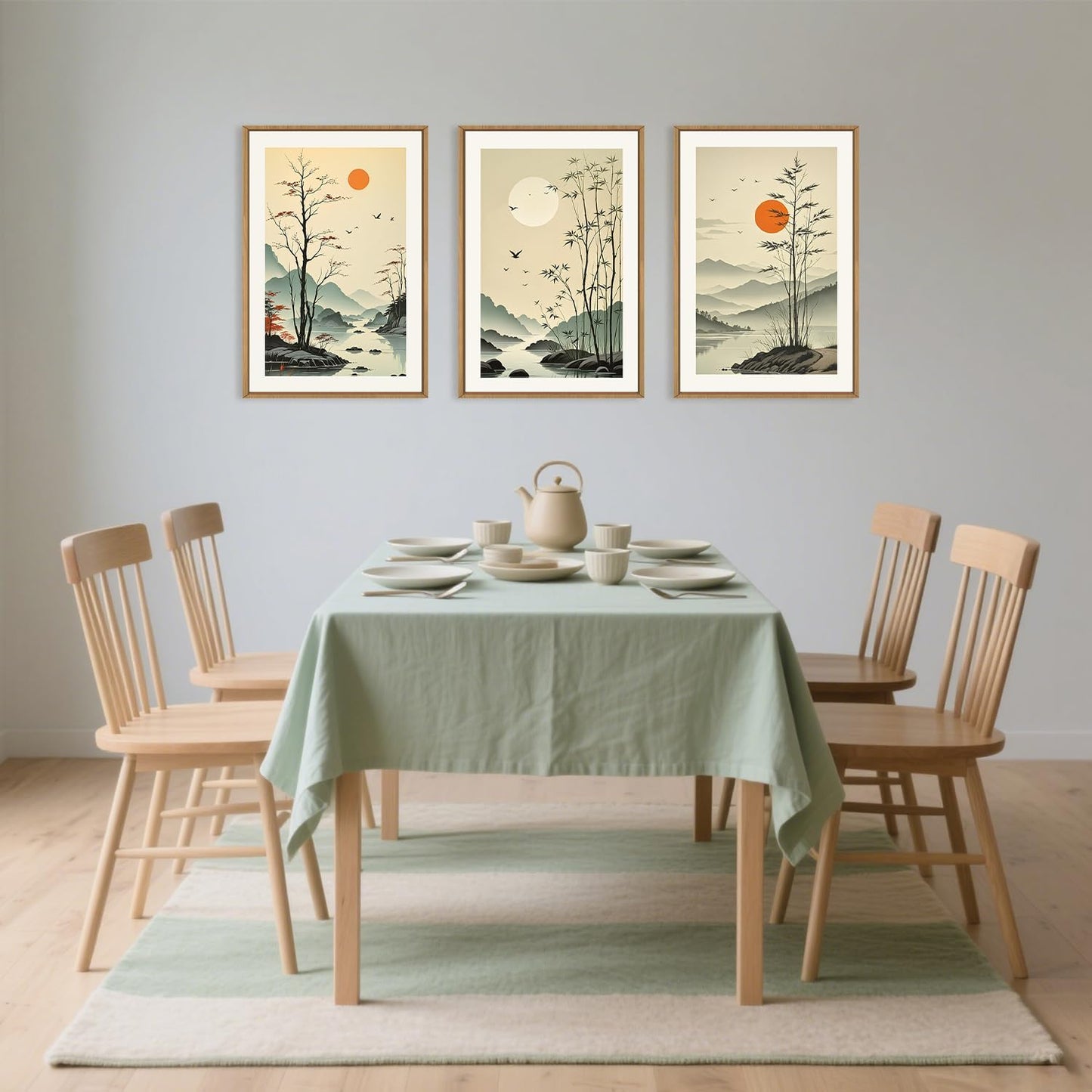 Chinoiserie Bamboo Forest Framed Canvas Wall Art Set, Nature Tree Lakes Wall Decor, Minimalist Zen Landscape Wall Painting, Watercolor Art Prints for Living Room, Bedroom, Office 16"X24"X3