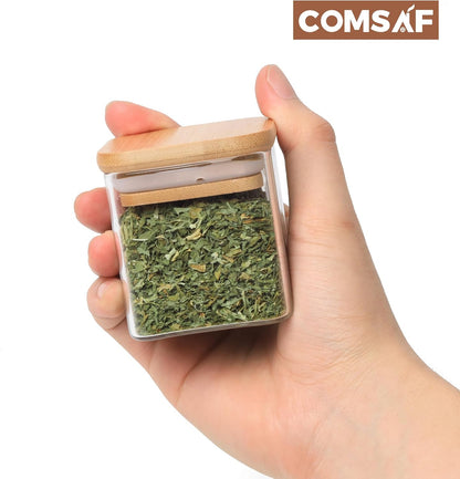 ComSaf 16Pcs Glass Spice Jars with Bamboo Lid, 4oz Airtight Square Spice Containers with 275 Black Lables, Empty Seasoning Jars for Spice Salt Sugar