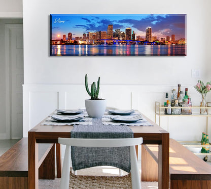 Office Wall Decor Miami Skyline Wall Art Panoramic Cityscape Picture Modern USA City Night View Canvas Prints for Bedroom Living Room Home Decoration Stretched and Framed Ready to Hang 13.8"x45.3"