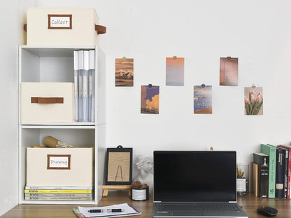 StorageWorks Storage Baskets for Shelves, Foldable Fabric Closet Storage Bins with PU Handles, Fabric Storage Bins Clothes Organizer, Ivory White, 3-Pack, Small