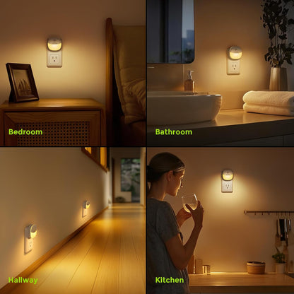 AUVON Plug in Night Light with Motion Sensor and Dusk to Dawn Sensor, Mini Warm White LED Nightlight with 1-50 lm Adjustable Brightness for Bathroom, Hallway, Stairs, Bedroom, Kitchen, 4 Packs