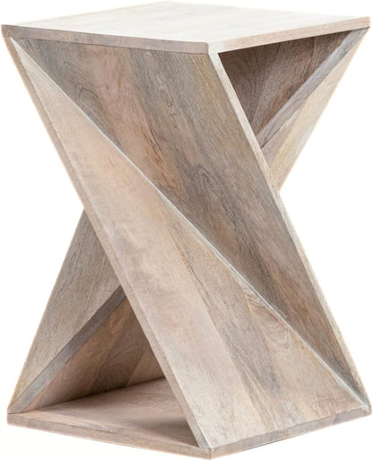 Modern Hand Made One-of-a-Kind Carved Mango Wood End Table, Farmhouse Side Table,Farmhouse End Table,Living Room,Bedroom, Accent Table, Contemporary Architectural Designed Whitewash,Assembled