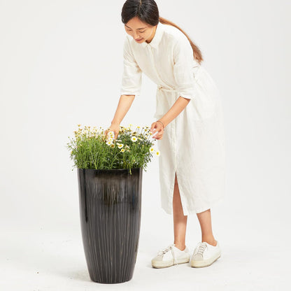 Worth Garden 23.5" H. Large Plastic Planters - Set of 2 Gradient Black Glossy Smooth Finish - Tall Plant Pots for Indoor & Outdoor Use - Decorative Lightweight Flower Pots for Front Porch, Patio, Deck