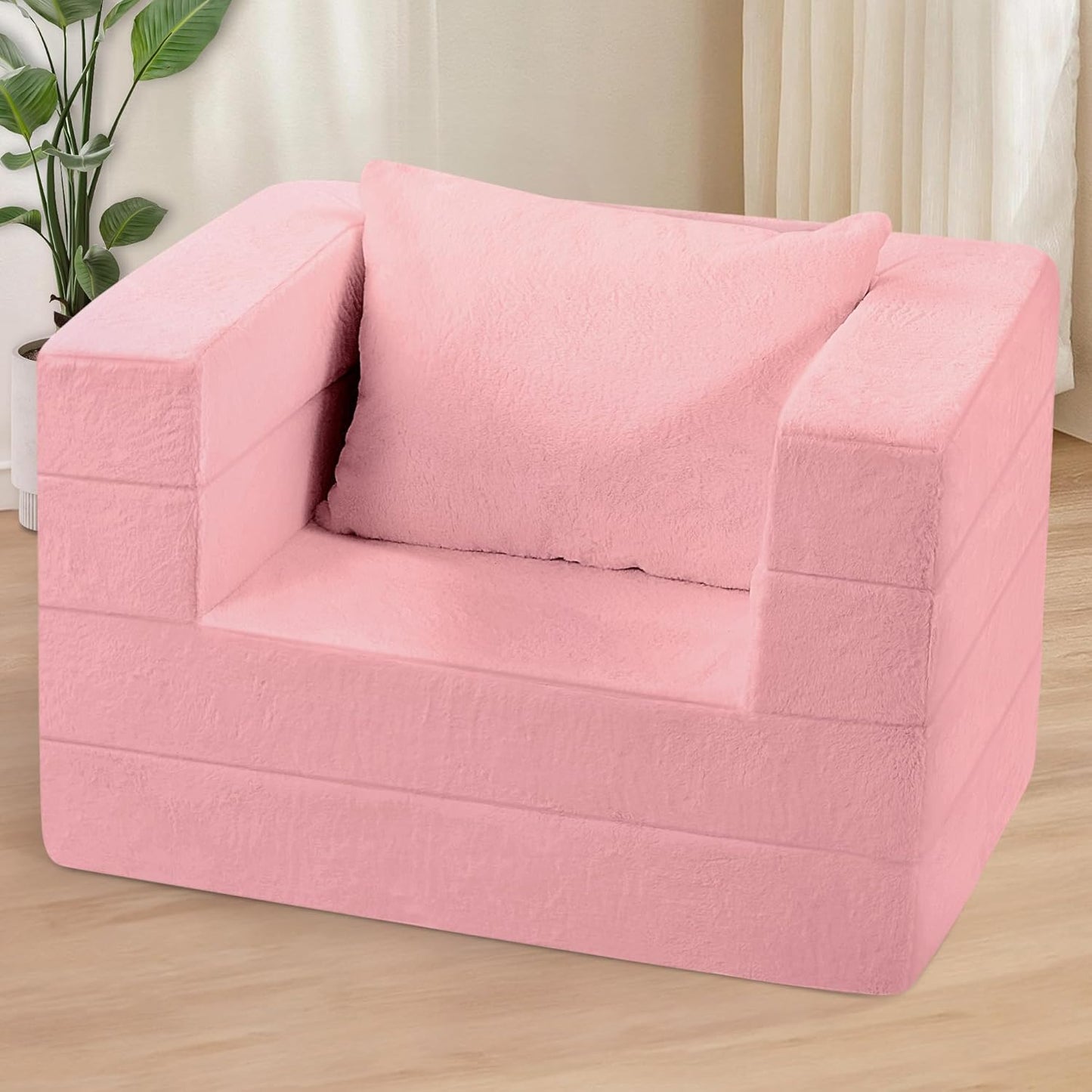 Folding Bean Bag Chair for Adults,3-in-1 Bean Bag Couch Faux Fur Floor Sofa Large Beanbag Convertible Bean Bag Sofa Bed with Pillow in Bedroom,Living Room,Apartment(Twin,Pink)