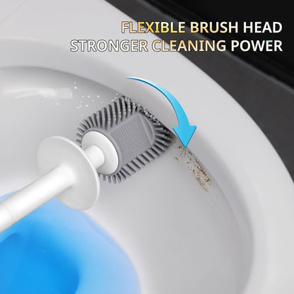 Silicone Toilet Brush and Holder Set with L-Shaped Brush Head, Wall Mounted Toilet Brush Set with Long Non-Slip Handles, Compact Toilet Bowl Cleaner Brush Suitable for RV Trailers & Bathroom (1 Pack)